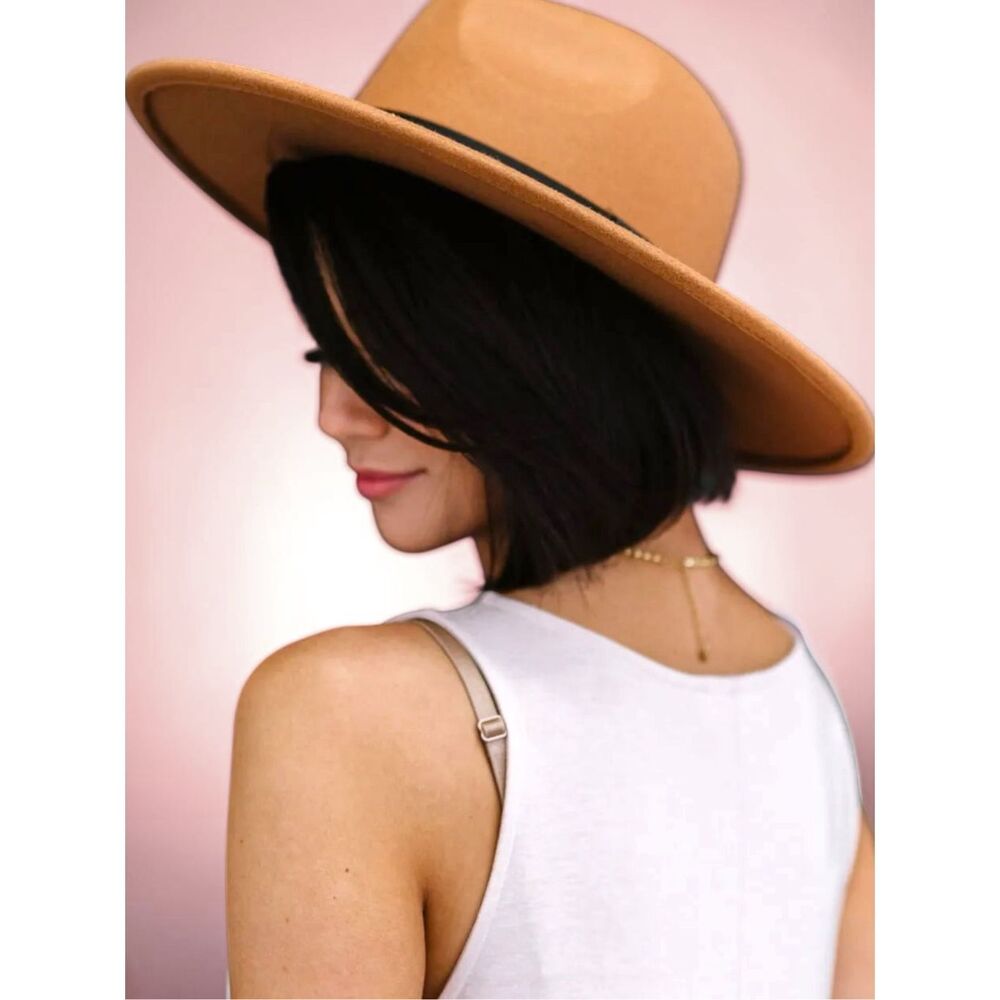 FAME Camel Wide Brim Fedora Hat | Tan Boho Rancher Western Black Ribbon NEW - Picture 8 of 14